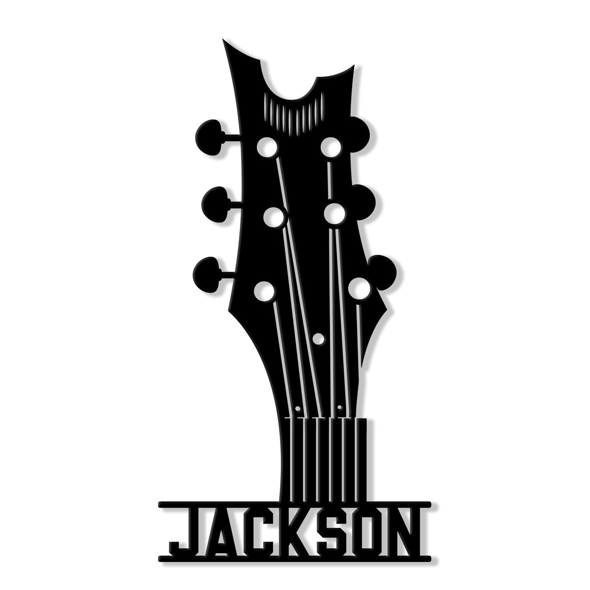 Custom guitar headstock metal sign with a bold black silhouette and personalized display design