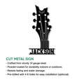 Guitar headstock cut metal sign shown with product feature and installation information