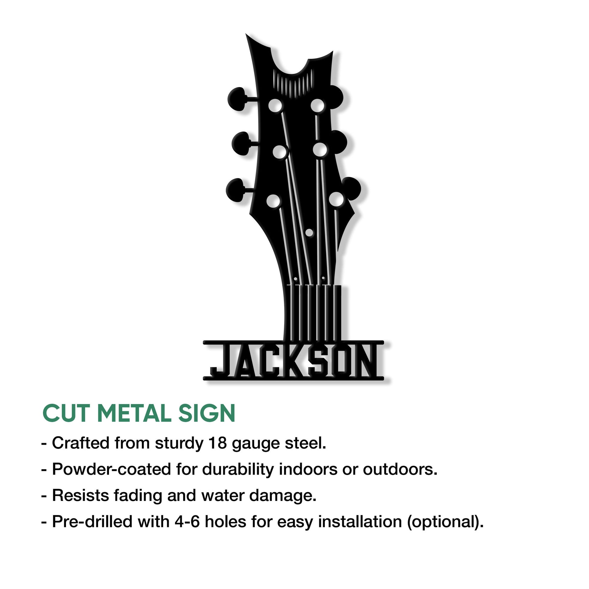 Guitar headstock cut metal sign shown with product feature and installation information