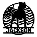 Patriotic pitbull silhouette metal sign with an American flag backdrop and custom design