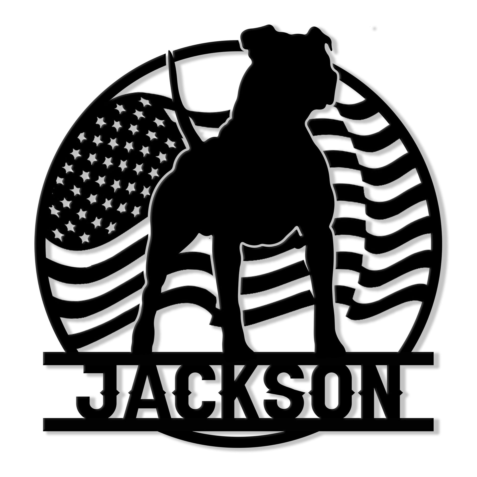 Patriotic pitbull silhouette metal sign with an American flag backdrop and custom design