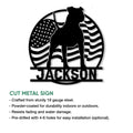 Cut metal pitbull sign featuring a bold dog silhouette over a waving American flag design