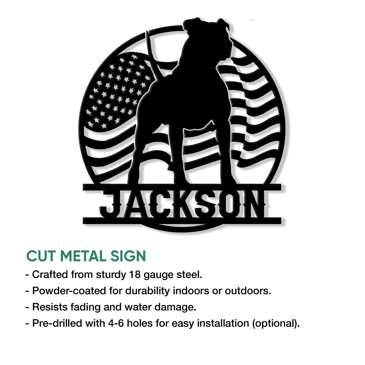 Cut metal pitbull sign featuring a bold dog silhouette over a waving American flag design