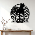 Patriotic pitbull wall sign displayed above a console table in a bright home entryway