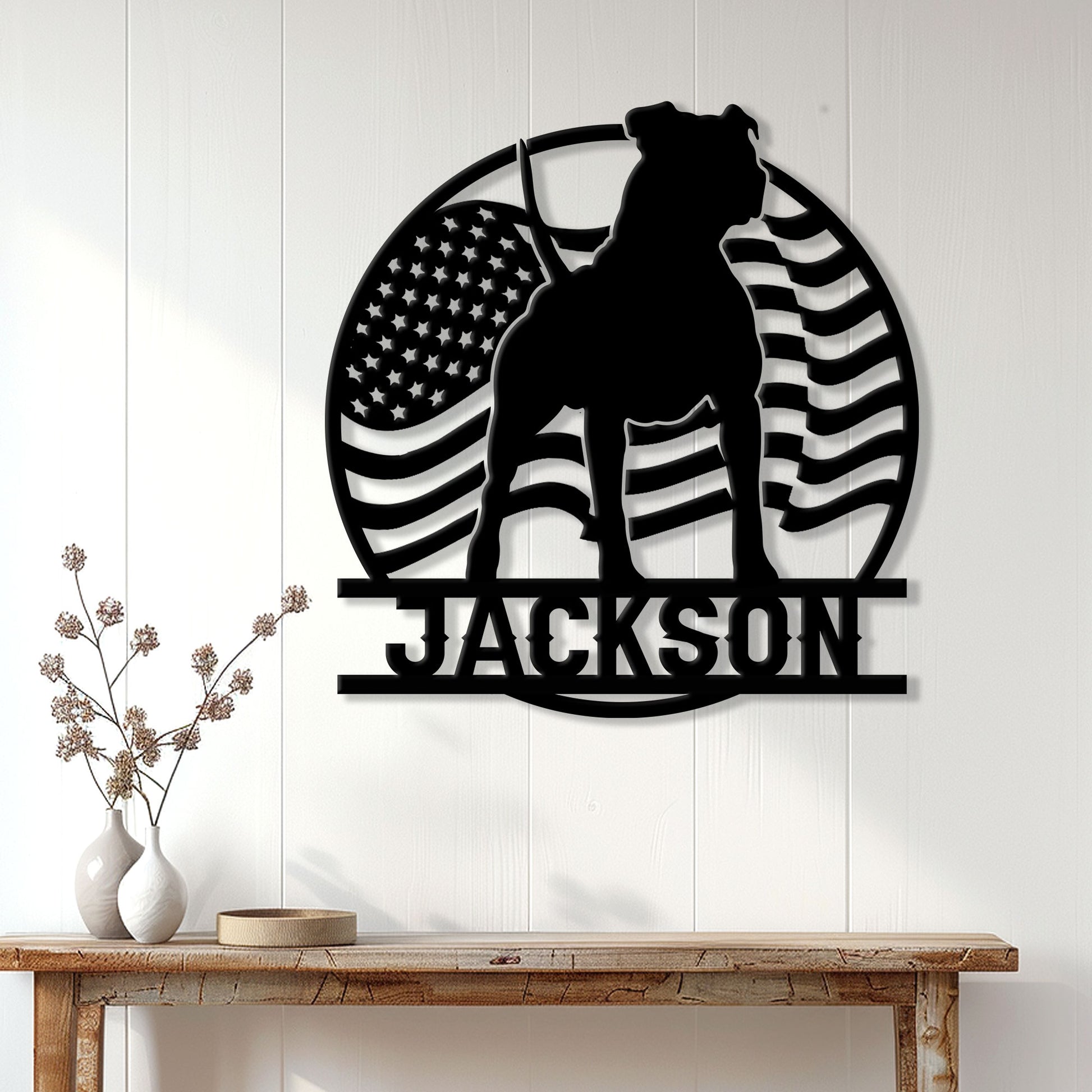 Patriotic pitbull wall sign displayed above a console table in a bright home entryway