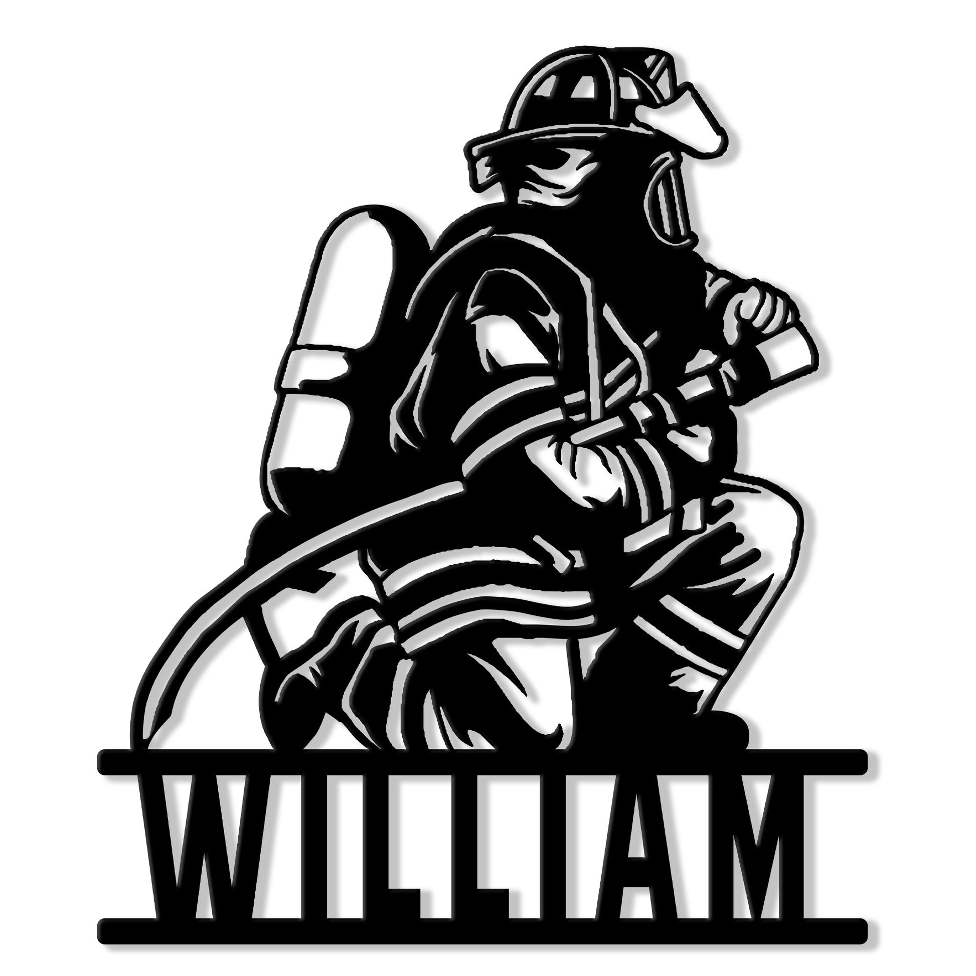 Custom firefighter metal sign featuring a seated firefighter in turnout gear with a helmet and hose