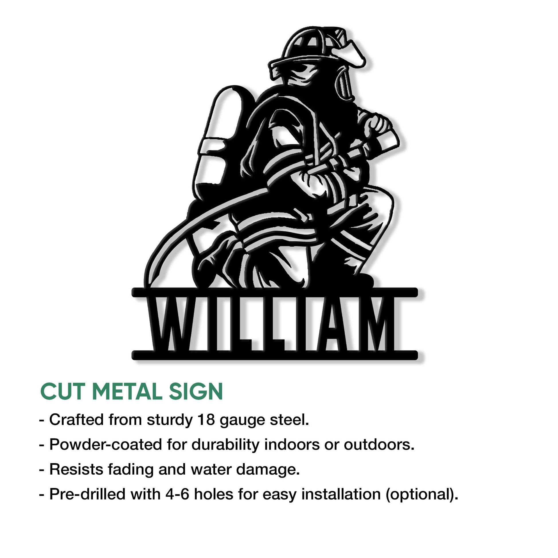 Firefighter cut metal sign feature graphic showing a detailed firefighter silhouette and indoor or outdoor use