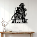 Firefighter metal wall sign displayed on a light paneled wall above a wooden console table