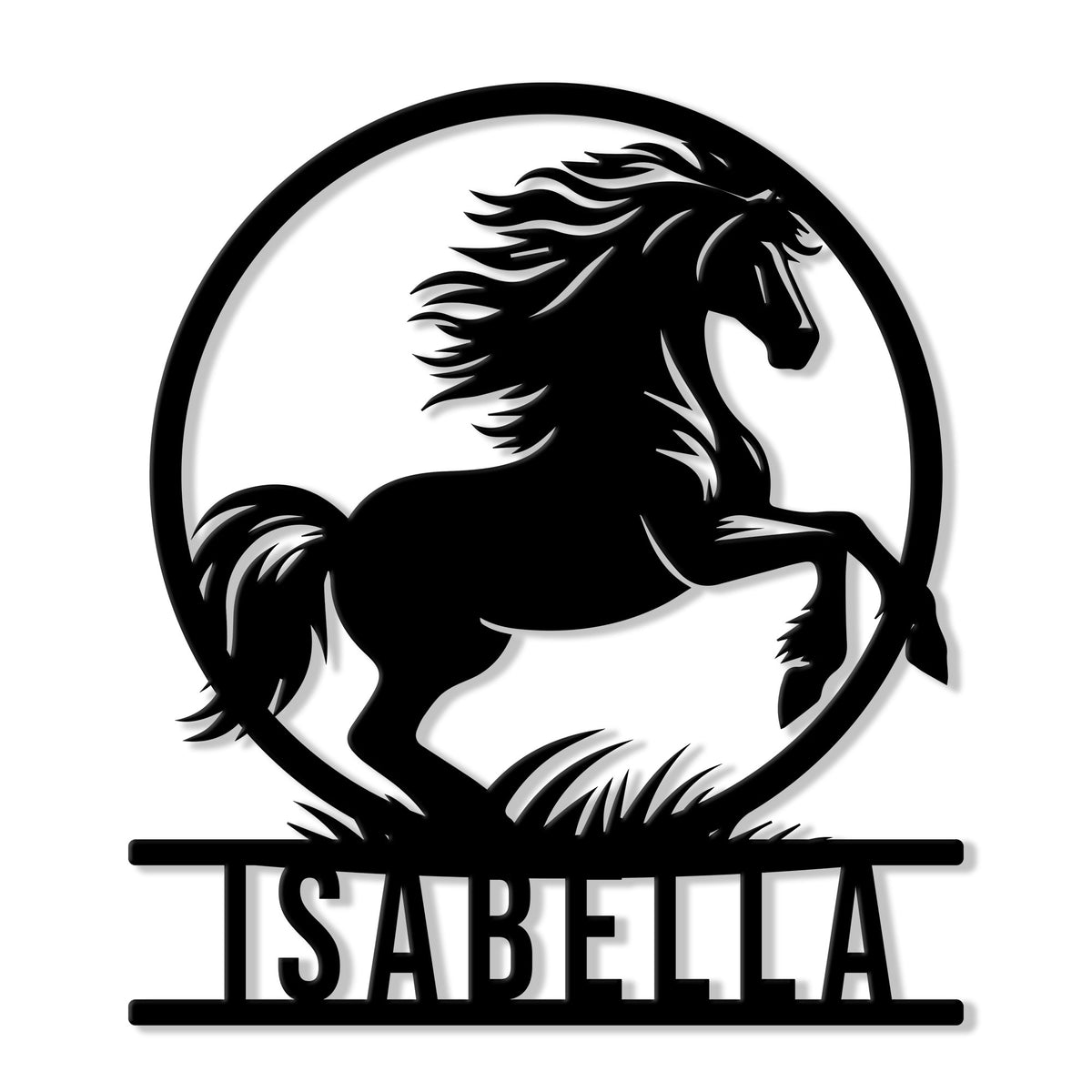 Black metal sign featuring a rearing horse silhouette inside a circular frame with a custom design