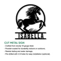 Horse metal sign feature graphic showing a bold rearing horse silhouette and decorative circular frame