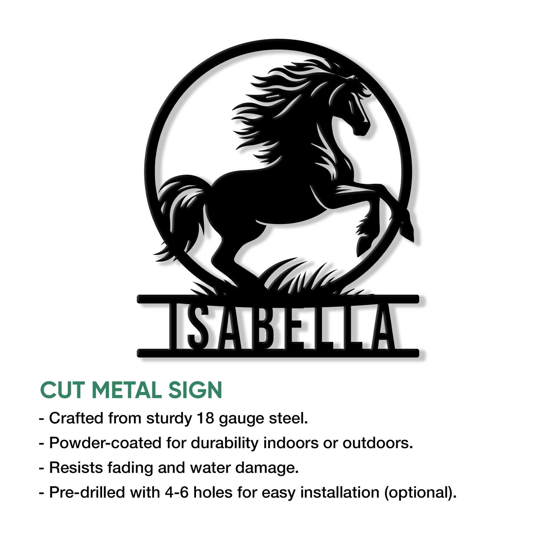 Horse metal sign feature graphic showing a bold rearing horse silhouette and decorative circular frame