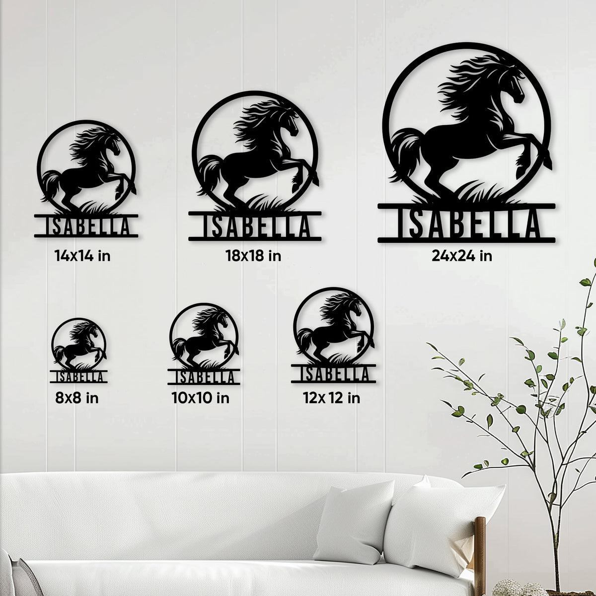 Horse metal sign size guide showing available square sizes from 8 by 8 to 24 by 24 inches