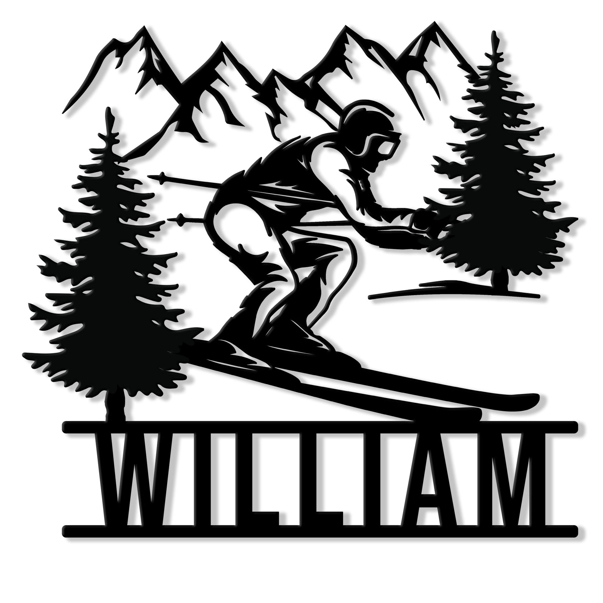Black metal skiing sign featuring a downhill skier, mountain peaks, evergreen trees, and a bold custom design