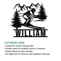 Skiing metal sign feature graphic showing a mountain skier design with indoor and outdoor display details
