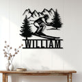 Skiing wall sign displayed on a light wood-paneled wall above a console table