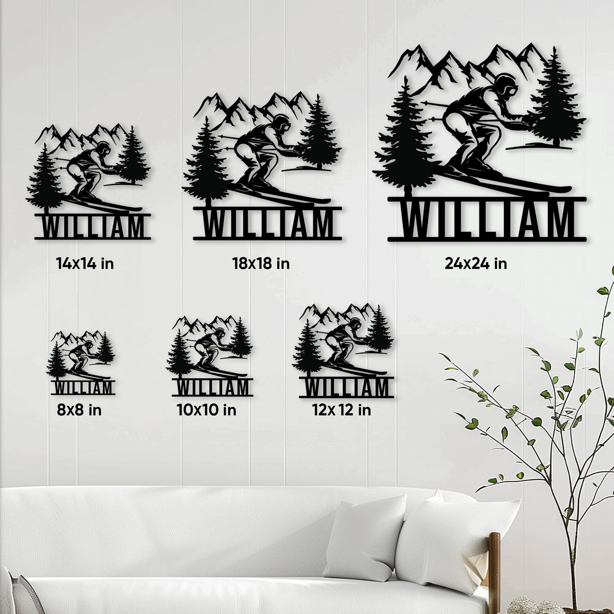 Skiing metal sign size guide showing multiple scale options for mountain sports wall decor