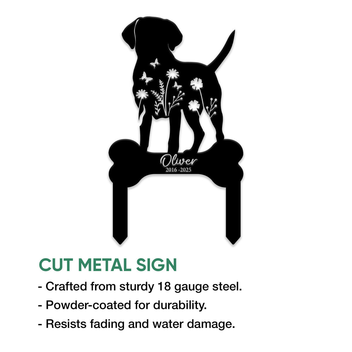 Cut metal Labrador Retriever memorial sign featuring flowers, butterflies, and a bone-shaped base