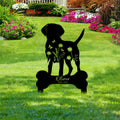 Labrador Retriever memorial garden sign displayed on a lawn among colorful flower beds
