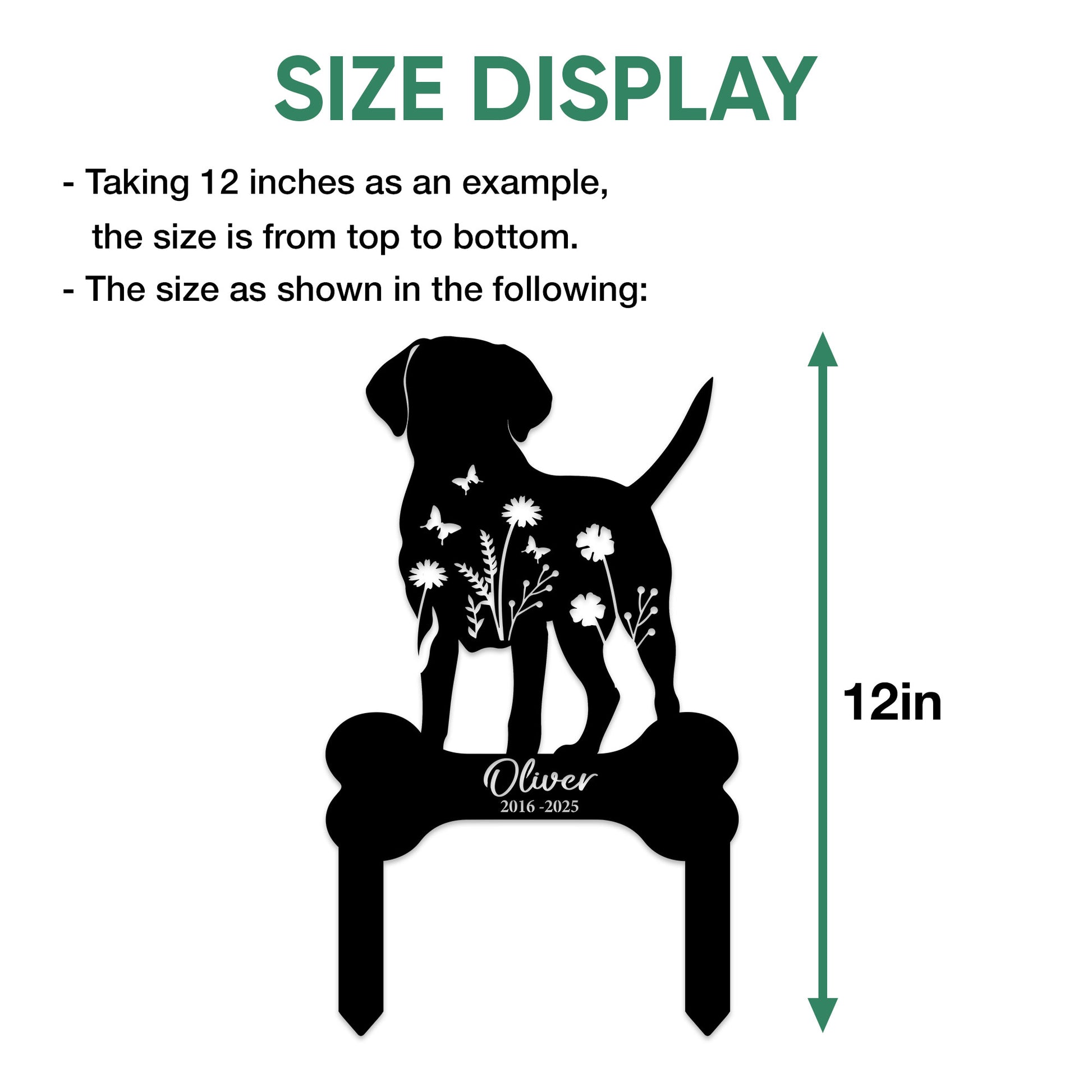 Size guide showing the Labrador Retriever memorial garden sign measured from top to bottom