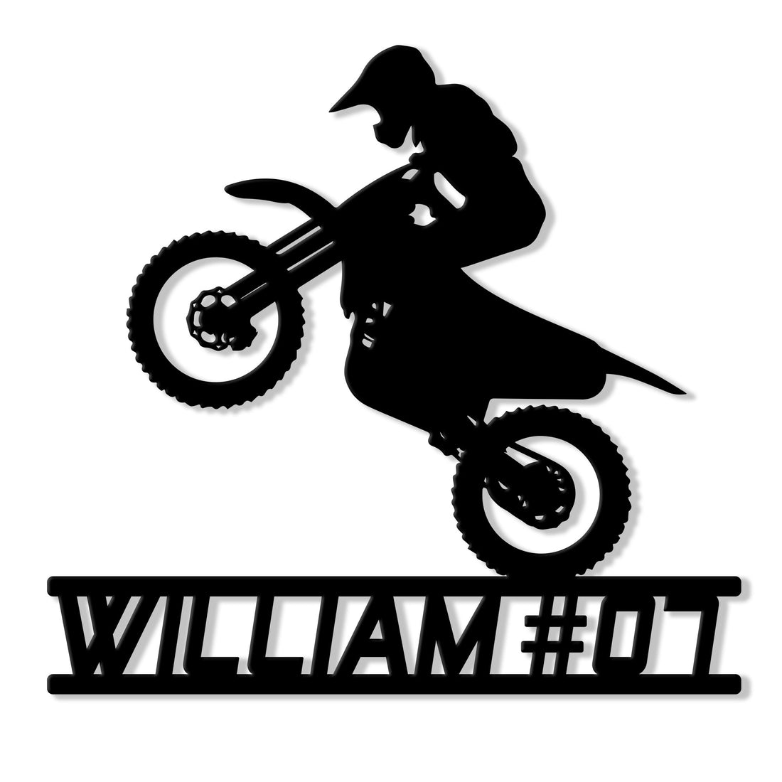 Black motocross rider and dirt bike silhouette metal sign with a bold custom design