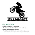 Motocross dirt bike rider metal sign shown with product features and installation options