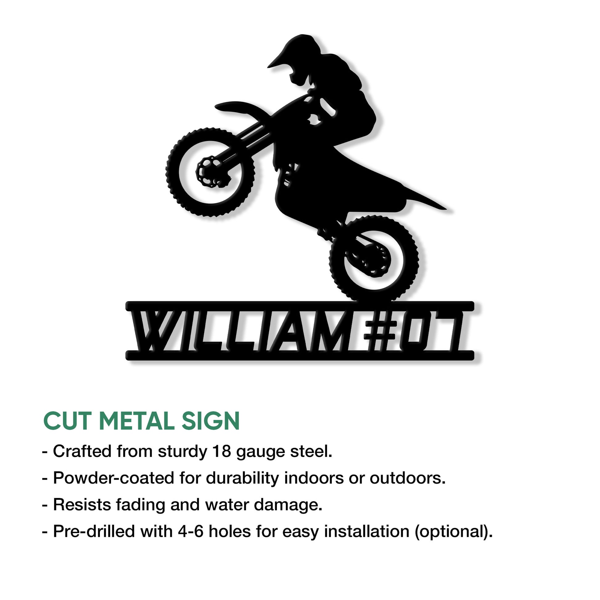 Motocross dirt bike rider metal sign shown with product features and installation options