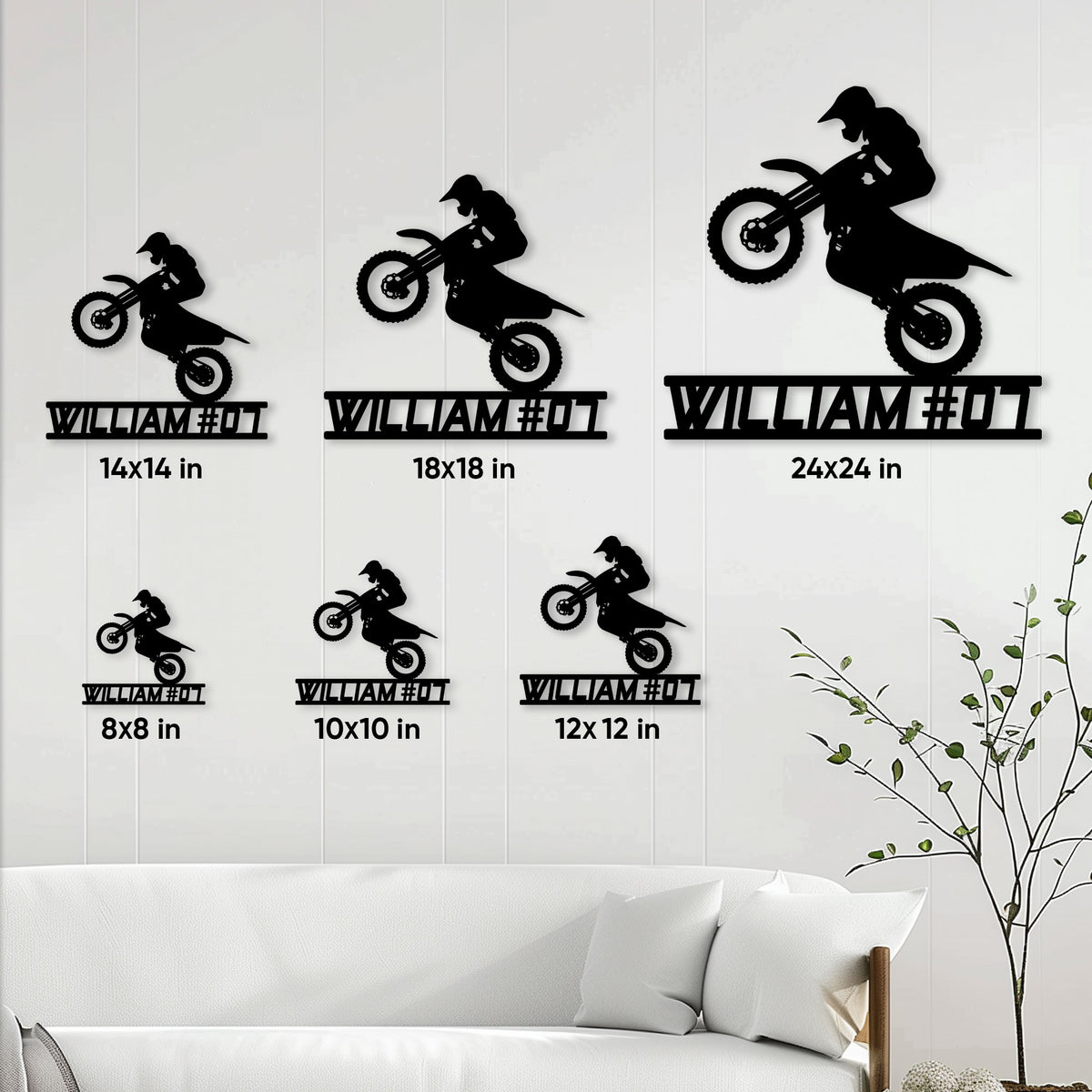 Motocross rider metal sign shown in multiple sizes above a sofa for wall decor scale