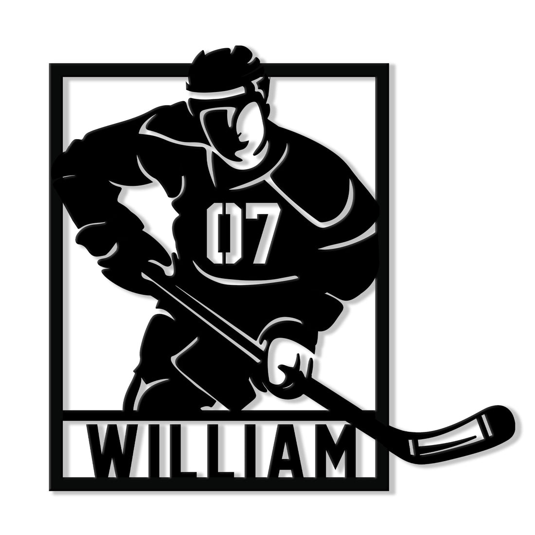 Custom hockey player metal sign featuring a bold silhouette, hockey stick, framed jersey, and strong athletic design