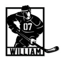 Custom hockey player metal sign featuring a bold silhouette, hockey stick, framed jersey, and strong athletic design