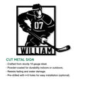 Hockey player cut metal sign shown with a framed silhouette design and installation feature information