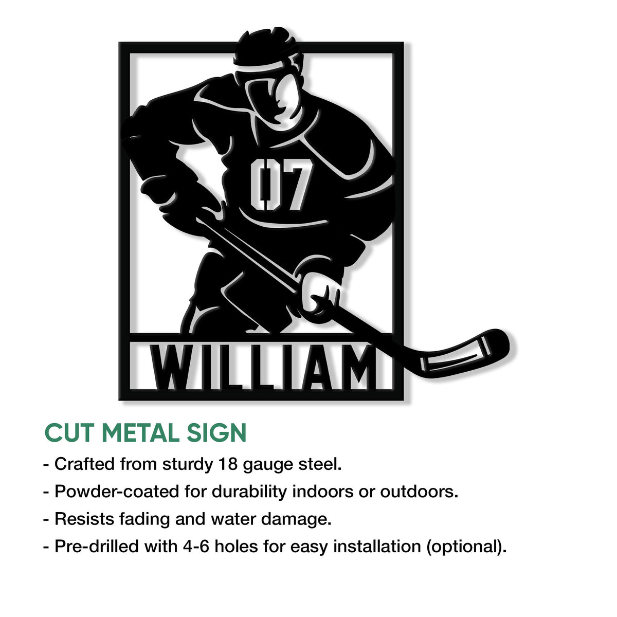 Hockey player cut metal sign shown with a framed silhouette design and installation feature information