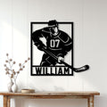Hockey player metal wall sign displayed on a bright home entryway above a rustic console table