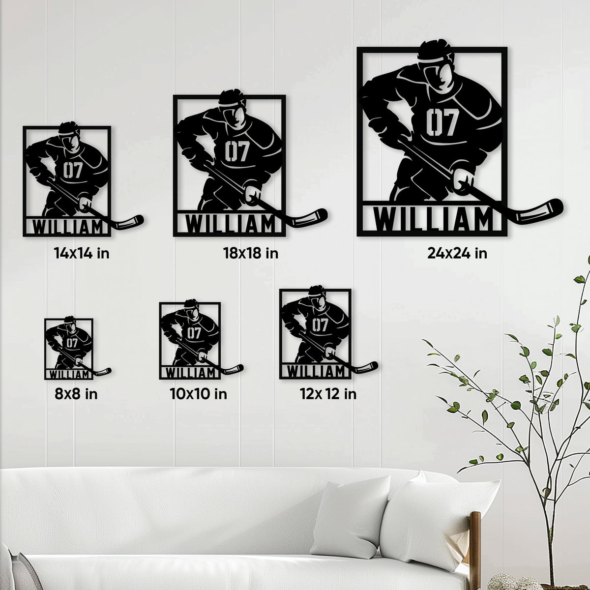 Hockey player metal sign size guide showing multiple square size options for different wall spaces