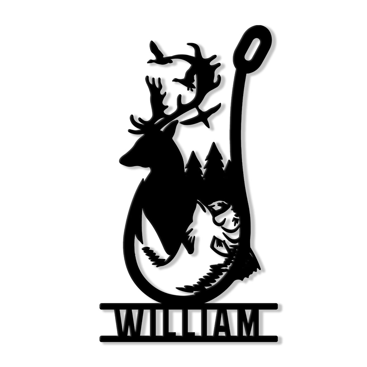Custom fishing metal sign featuring a bold fish silhouette inside a large hook with woodland antlers