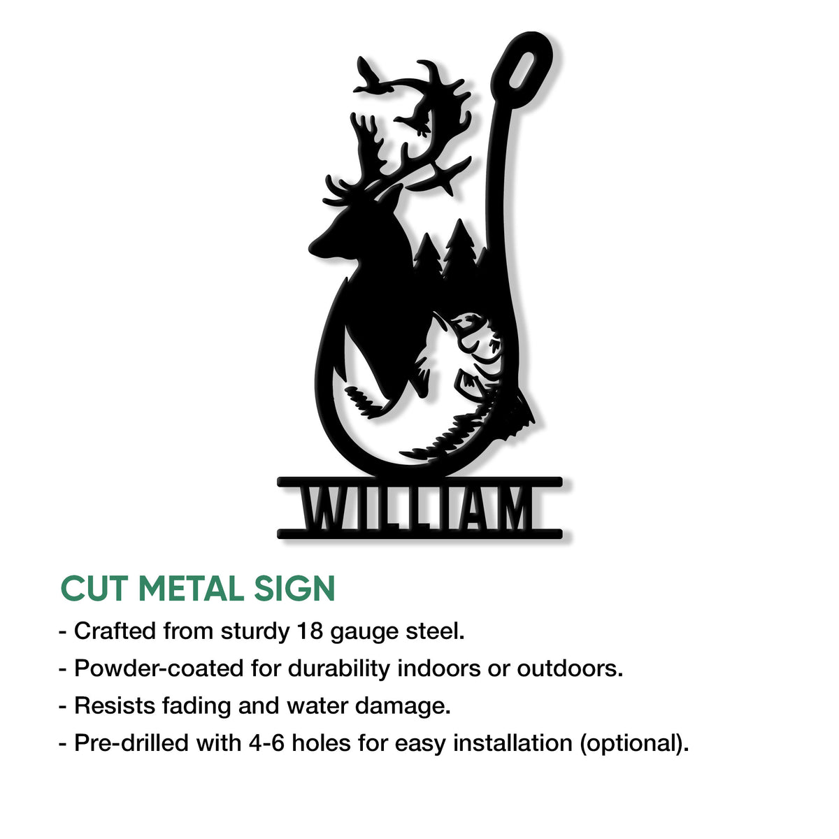 Fishing hook metal sign with a trout silhouette and rustic outdoor design, shown as a cut metal wall accent