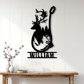 Black fishing wall sign displayed on a light wood wall above a console table in a rustic home