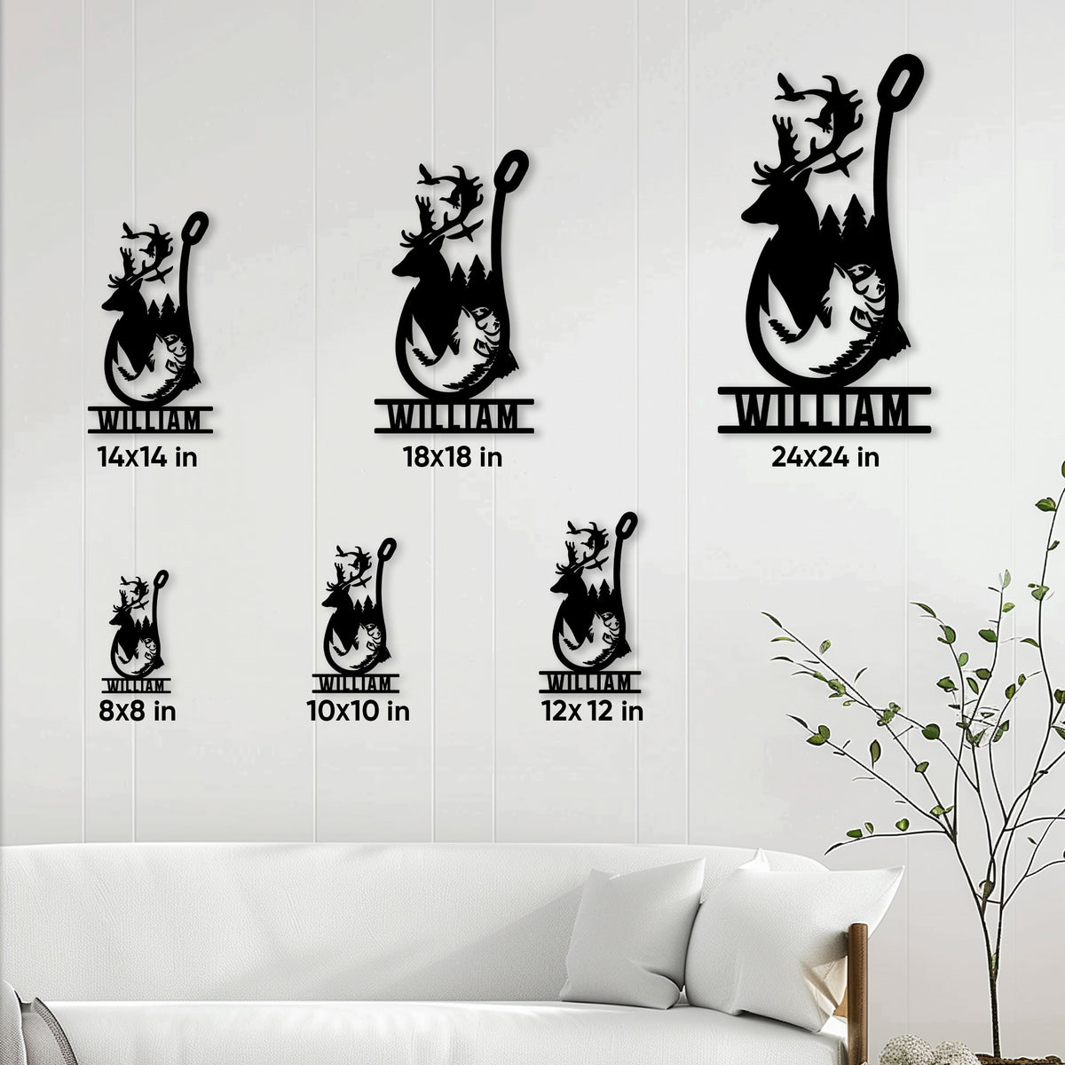 Fishing metal sign shown in multiple size options on a living room wall