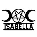 Custom Wicca metal sign featuring a triple moon and pentagram design with a tailored name display