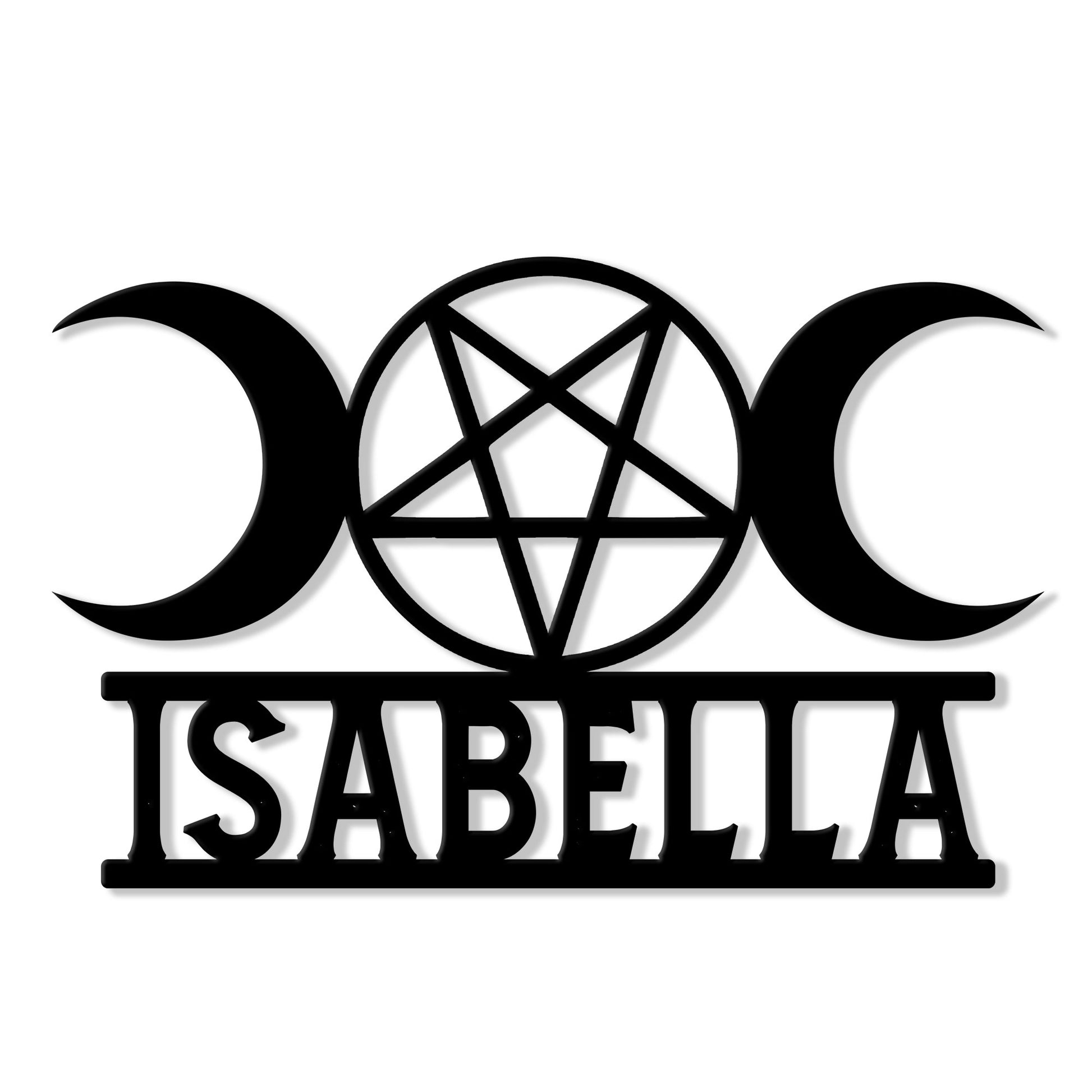 Custom Wicca metal sign featuring a triple moon and pentagram design with a tailored name display