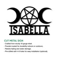 Black cut metal Wiccan sign showing a triple moon, central pentagram, and custom lettering area