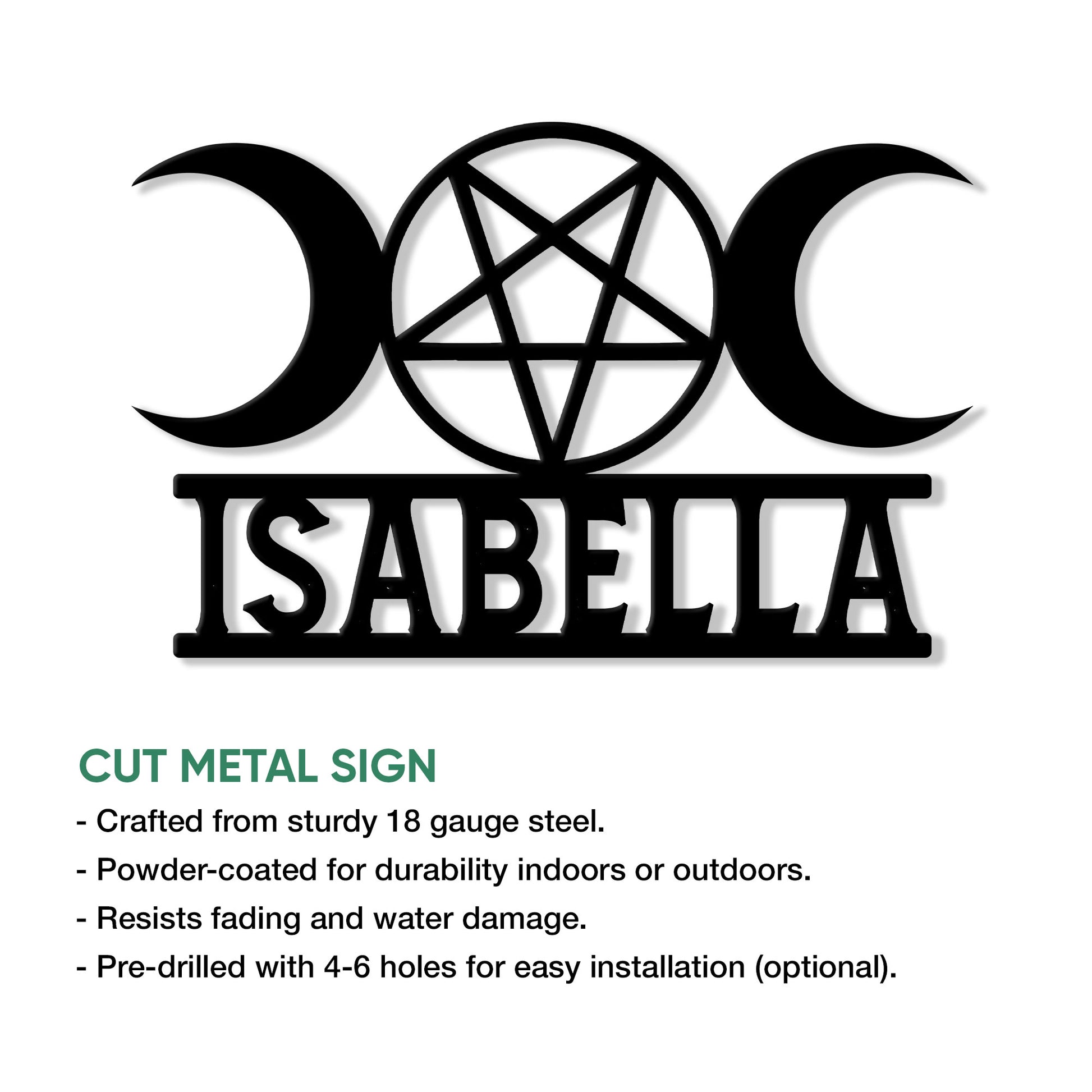 Black cut metal Wiccan sign showing a triple moon, central pentagram, and custom lettering area