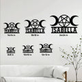 Wicca metal sign size guide showing triple moon and pentagram designs in six square size options