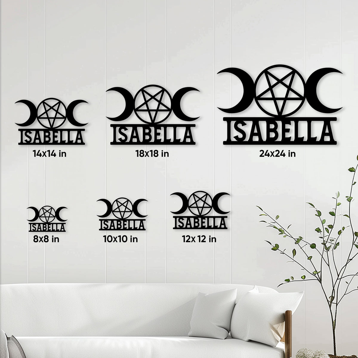 Wicca metal sign size guide showing triple moon and pentagram designs in six square size options
