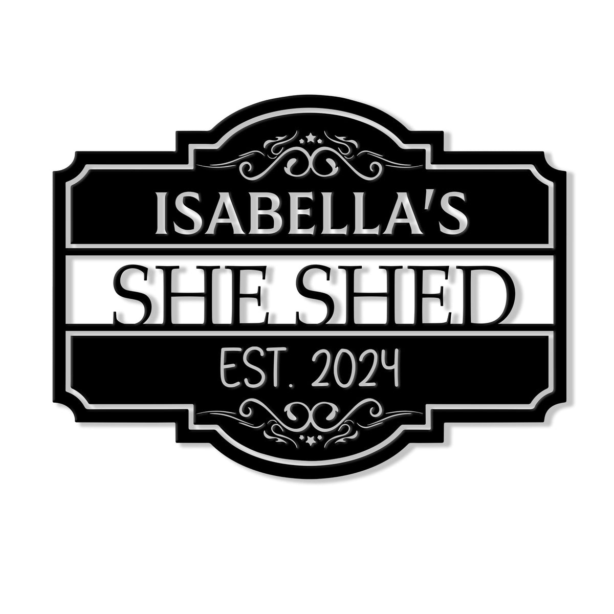 Ornate black She Shed metal sign with decorative scrollwork and a classic framed design