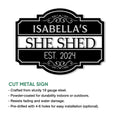 Cut metal She Shed sign shown in a product feature graphic with decorative borders and bold lettering