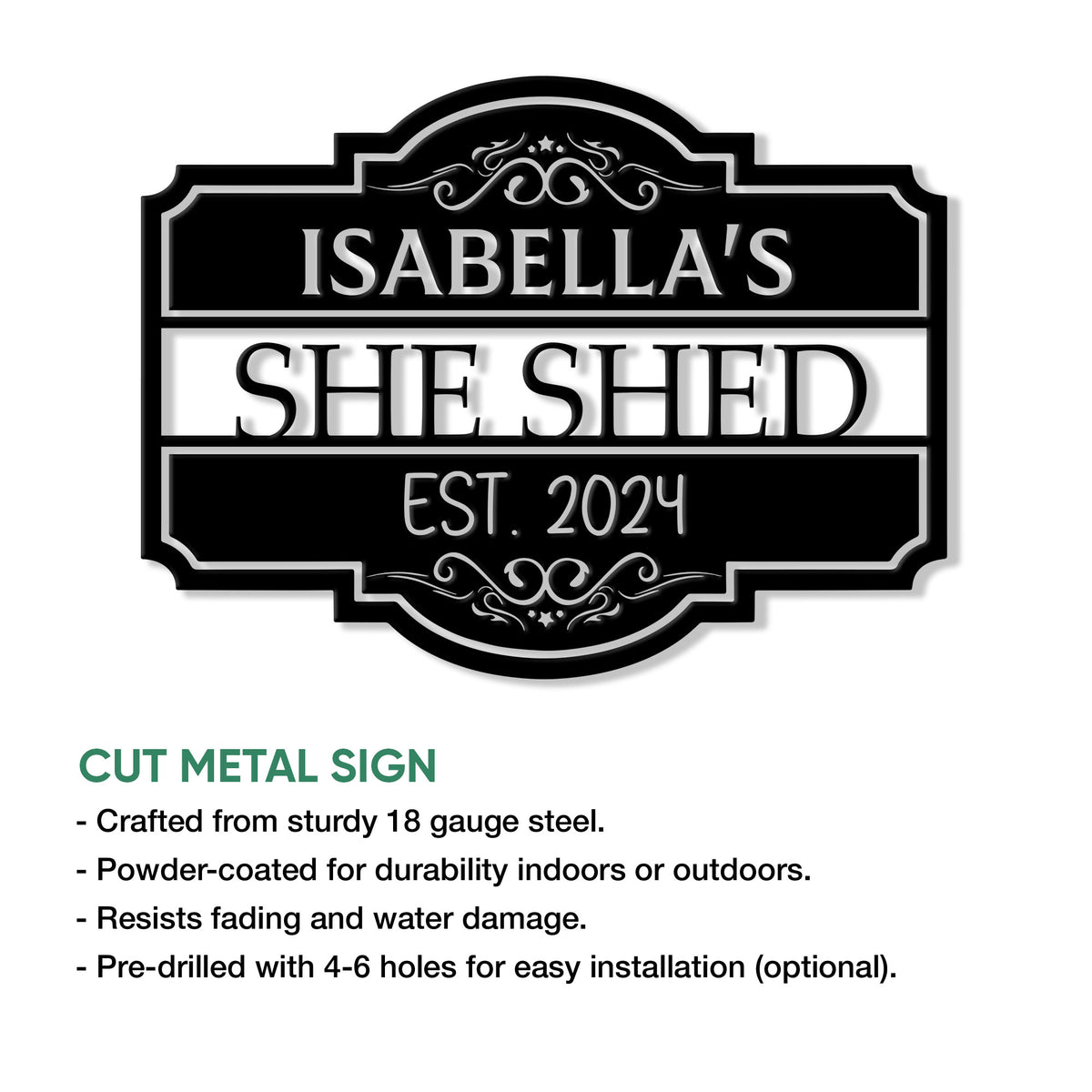 Cut metal She Shed sign shown in a product feature graphic with decorative borders and bold lettering