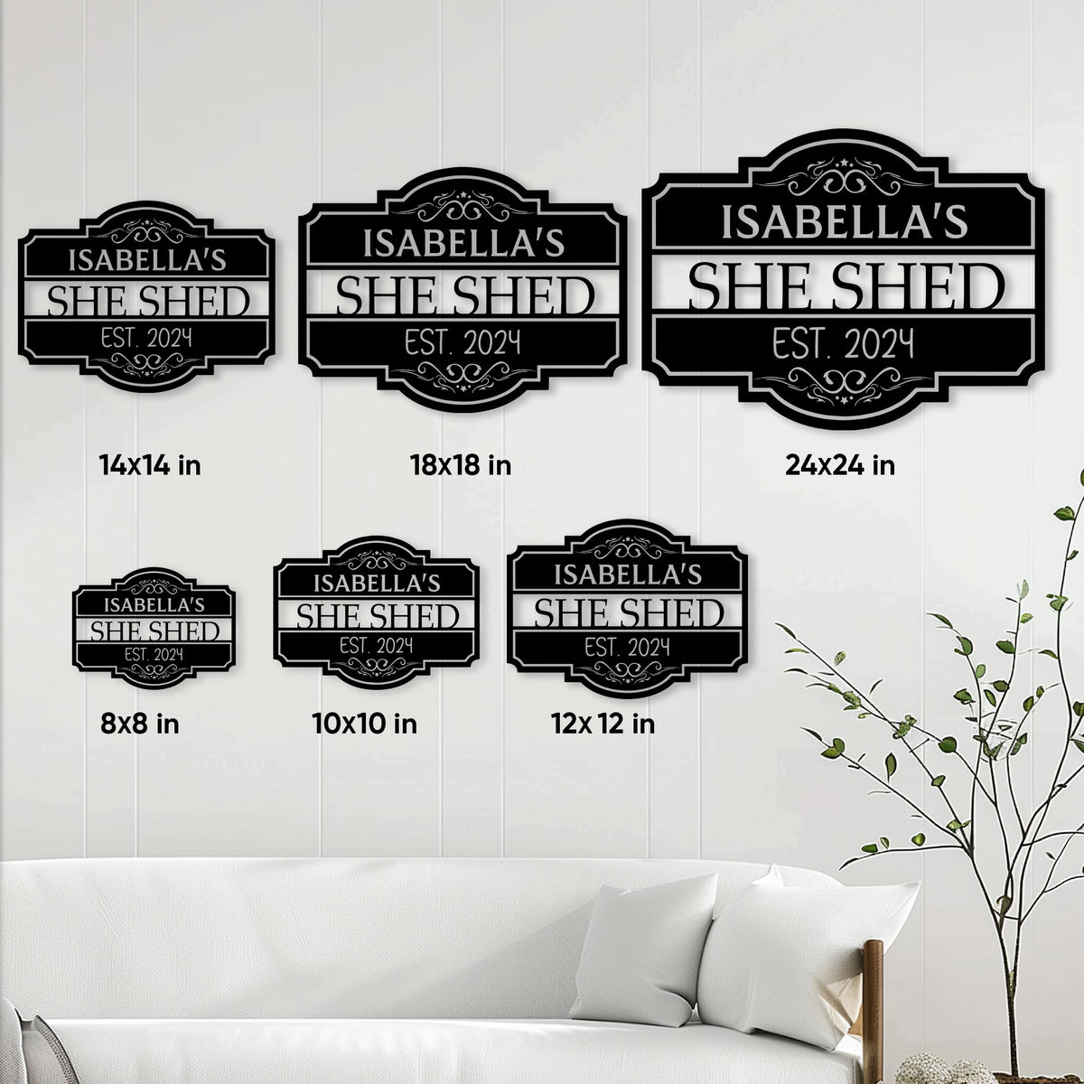 She Shed metal sign size guide showing available square sizes from 8 by 8 to 24 by 24 inches