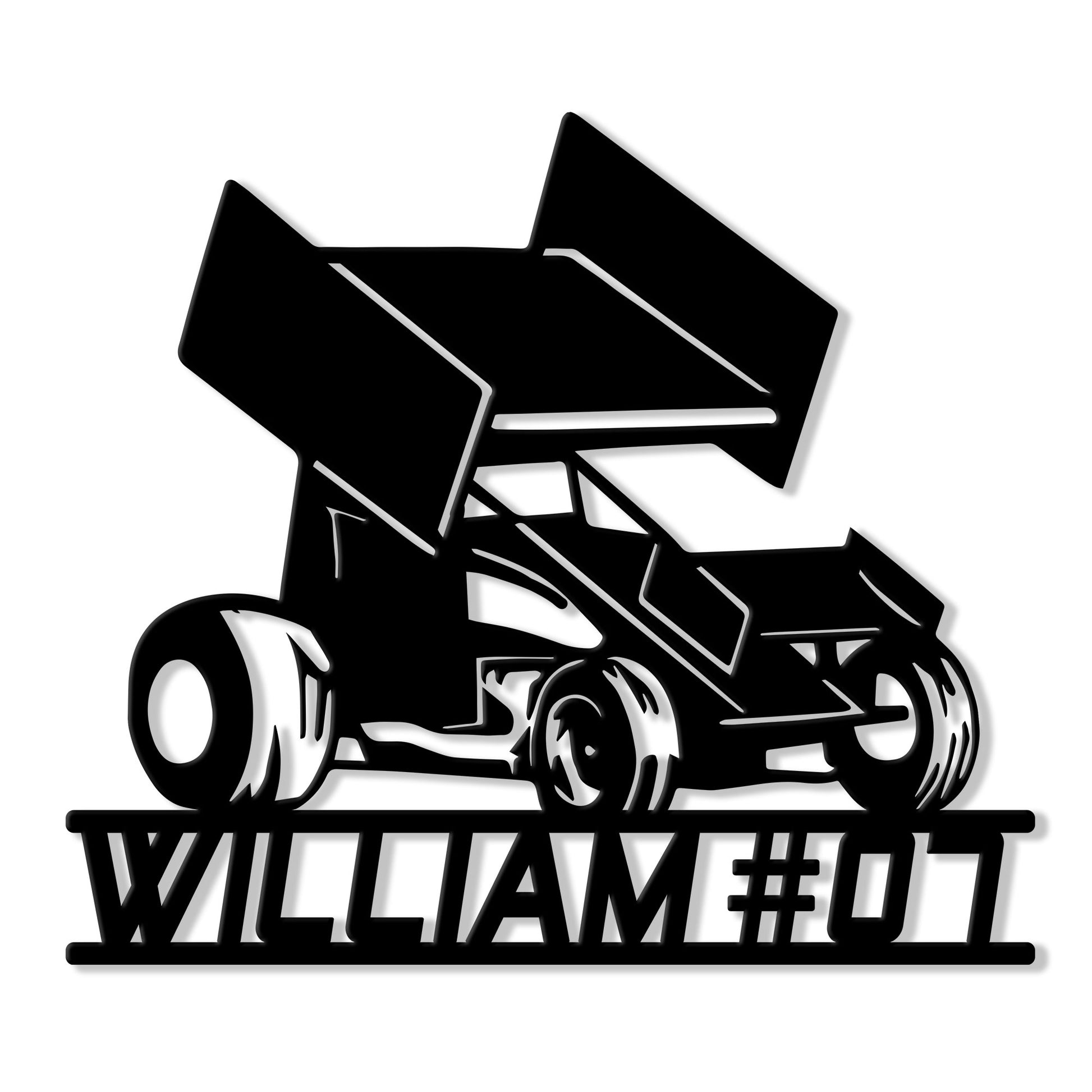 Black metal sign featuring a detailed sprint car racing silhouette for garage or racing room decor