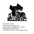 Cut metal sign feature graphic showing a sprint car design and installation options