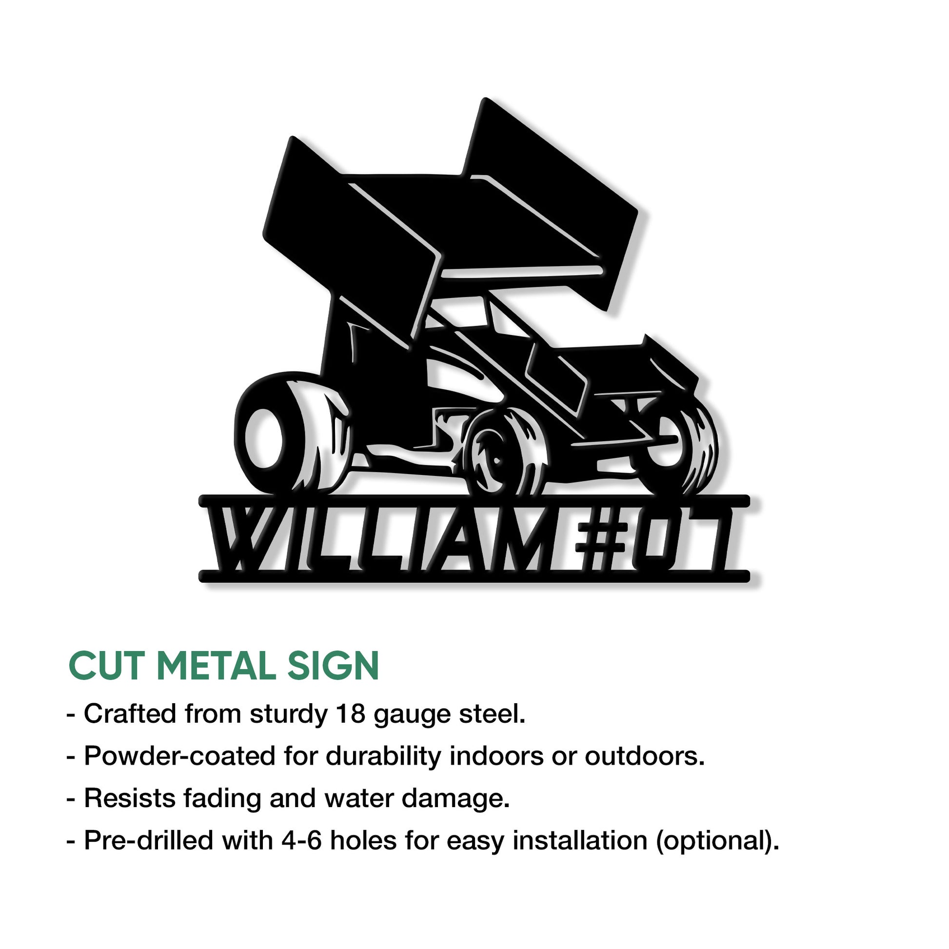 Cut metal sign feature graphic showing a sprint car design and installation options
